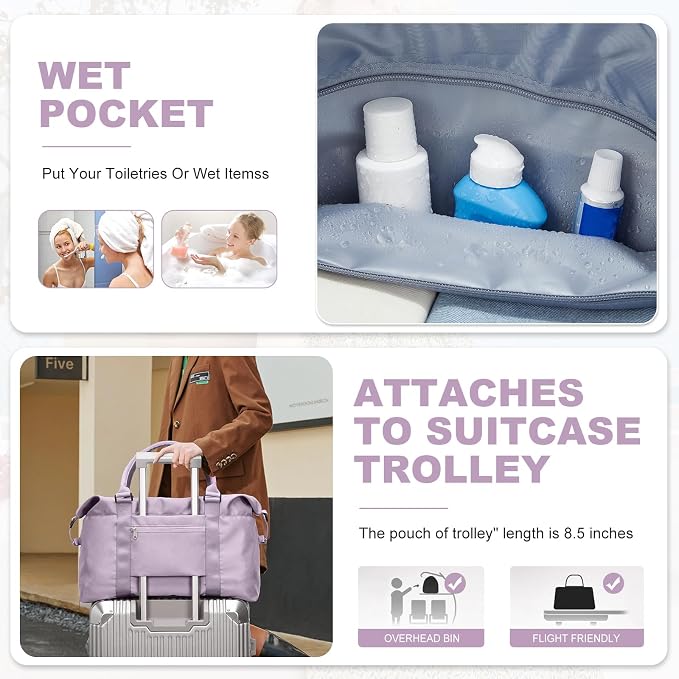 Travel Duffel Bag, Carry On Overnight Weekender Bags for Women | Travel Bag with Wet Pocket & Trolley Sleeve, For Spirit Airlines 18x14x8 Personal Item Bag