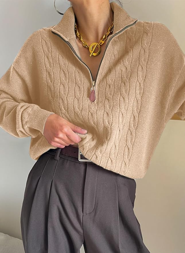 Dokotoo Women's Sweaters 2026 Fall Winter Quarter Zip Ribbed Cable Knit | Long Sleeve,Polo Neck,Lightweight Knit Pullover,Soft Comfy Tops,Casual Trendy Outfits,Fashion Clothing