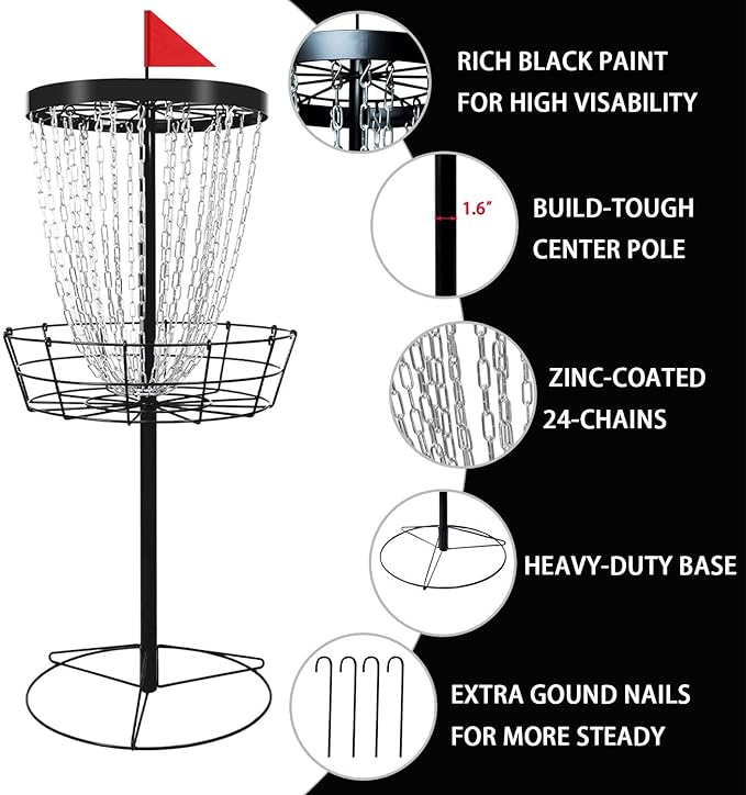 TARUMG Disc Golf Basket - Portable Disc Golf Target with Heavy Duty 24-Chains Come with Transit Bag and 3pcs Disc Golf Discs, Ground Stake -Suitable for Players of All Levels - Multi Color Available