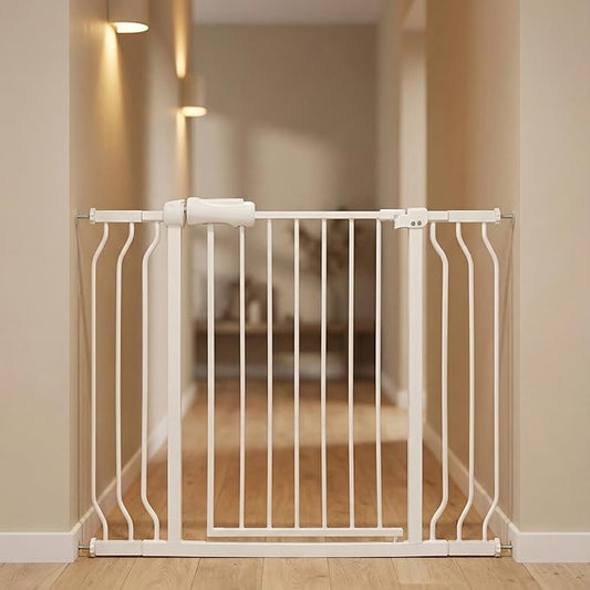 Walk Through Expandable Baby & Dog Gate 38.5-43.3 Inch for Kids & Pets, Tension Mounted Indoor Safety Gate for Large Openings - White Metal, 30 inches Tall