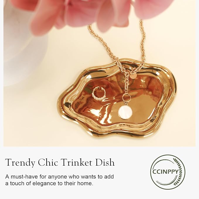 CCINPPY Ceramic Cloud Jewelry Tray Trinket Dish Key Bowl Nightstand Decor | Decorative Small Desk Tray Jewelry Plate Key Holder Bowl Cute Bedroom Room Decor Aesthetic, Gift for Women, Gold Medium