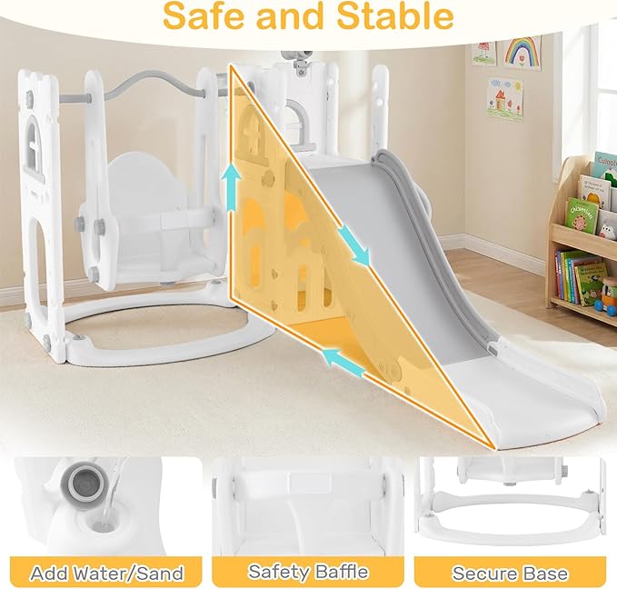 OLAKIDS Toddler Slide and Swing Set, 7 in 1 Kids Indoor Outdoor Playground with Climber Basketball Hoop Telescope Toy Storage for Boys Girls Aged 1+ (Grey)