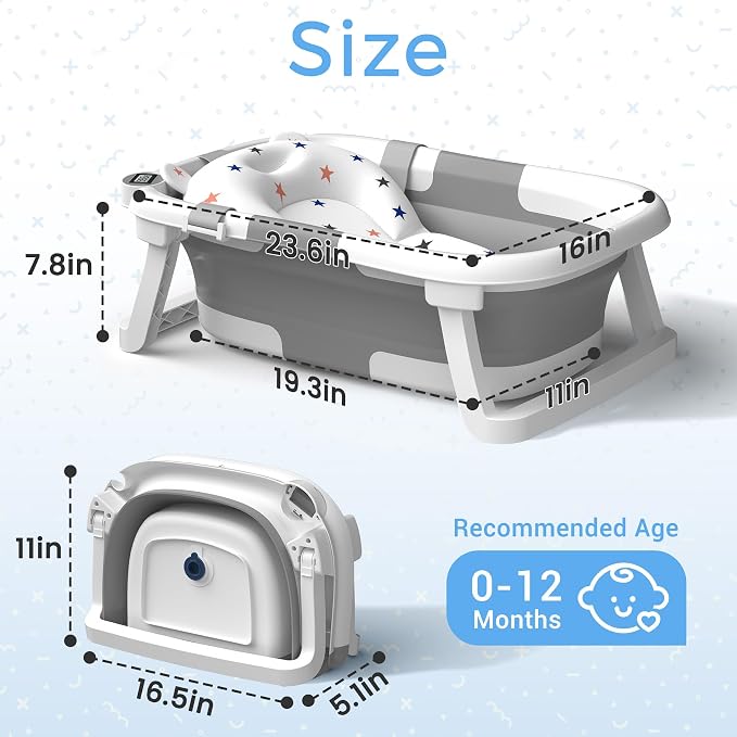 BUNWAG Classic Baby Bathtub, Infant Bath Tub for Newborn to Toddler (0–12 Months),Collapsible Newborn Bathtub with Soft Cushion and Non-Slip Feet, Foldable Travel Bathtub for Easy Storage