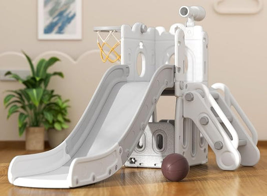 Glaf 7 in 1 Toddler Slide Indoor Outdoor Playset Kids Slide for Toddlers Age 1-3 Baby Slide with Basketball Hoop and Ball Storage Space and Telescope Freestanding Climber Slides Toys (Grey)
