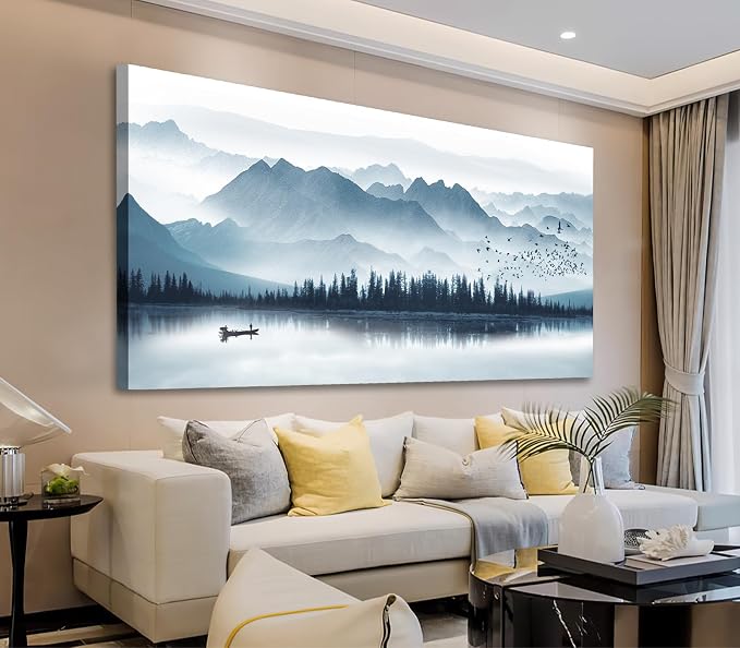 arteWOODS Indigo Canvas Wall Art Misty Mountain Wall Pictures Foggy Lake Boat Painting Prints Forest Birds Artwork Wall Decor for Living Room Wall Decorations Framed Ready to Hang 24" x 48"