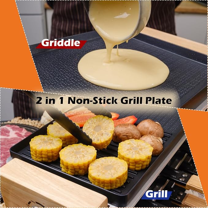 Raclette Table Grill, CUSIMAX Electric Indoor Grill, Korean BBQ Grill, 950W | Removable 2in1 Non-Stick Grill Plate/Temperature Adjustable/8 Cheese Pans & Wooden Spatulas/Wooden Base/Double-layer Design