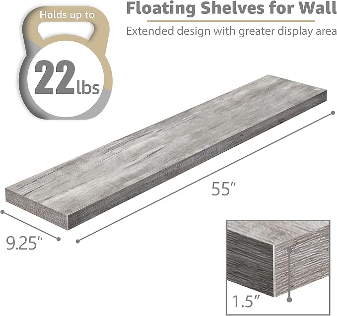 Sorbus Floating Shelves for Wall - 55 Inch Extra-Long Bathroom Shelves, Wall Decor for Bedroom, Kitchen, Living Room, Book Storage - Mounted Floating Shelf with Hidden Brackets (Gray, 2 Pack)