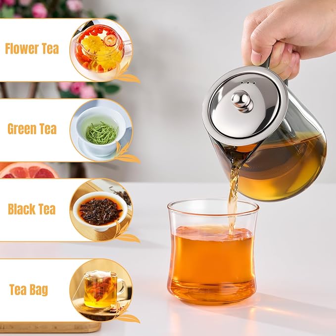 PARACITY Glass Teapot Stovetop 32OZ, Borosilicate Clear Tea Kettle with Removable 18/8 Stainless Steel Infuser, Teapot Blooming and Loose Leaf Tea Maker Tea Brewer (Black, 550ML)