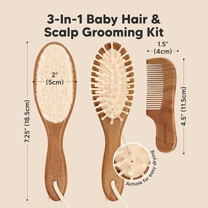 Wooden Baby Hair Brush Set for Newborns, Toddlers - Soft Goat Bristle Baby Brush and Comb Set Newborn Grooming Kit for Cradle Cap Care,Durable & Gentle,Boy,Girl Infant Essentials(Regular, Dark Walnut)