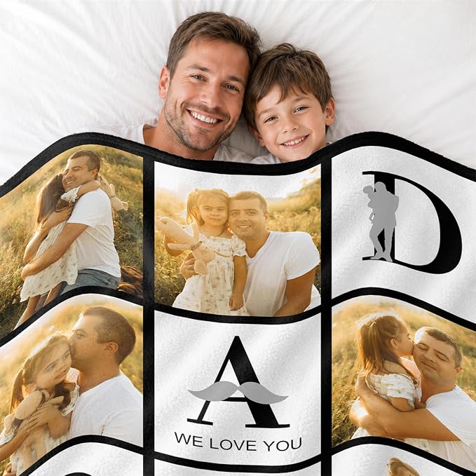 Fathers Day Birthday Gift for Dad Custom Blanket with 6 Photo & Text, Personalized Blankets with Picture to My Dad, HD Printing Customized Flannel Throw Blanket Gifts for Best Daddy Grandpa Ever