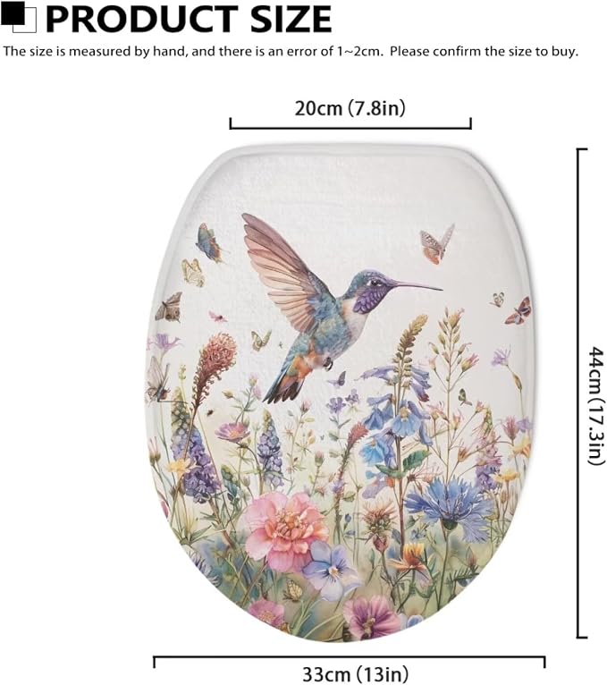 Hummingbird Oblong Toilet Seat Cover Floral Fuzzy Toilet Seat Cover Soft Toilet Seat Cover Toilet Lid Covers for Bathroom Decor