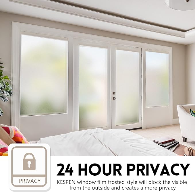 KESPEN Window Privacy Film Frosted Glass Heat Control UV Blocking Privacy Window Film for Glass Windows Static Cling Non-Adhesive Door Coverings Decals for Bathroom Home Office,17.5 Inch X 6.5 Feet