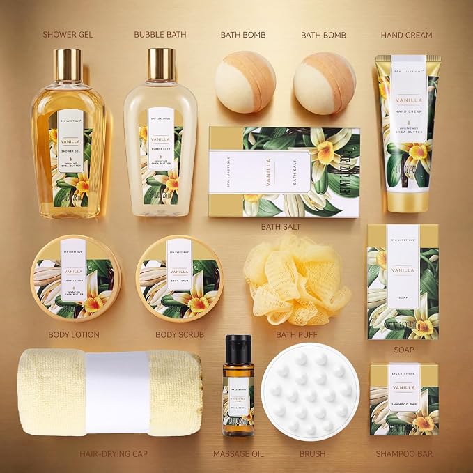 Spa Luxetique Gifts for Women, 15pcs Vanilla Gift Baskets for Women, Luxury Spa kit with Bath Bombs, Body Lotion, Birthday Gift for Her Christmas Mothers Day Gifts for Women