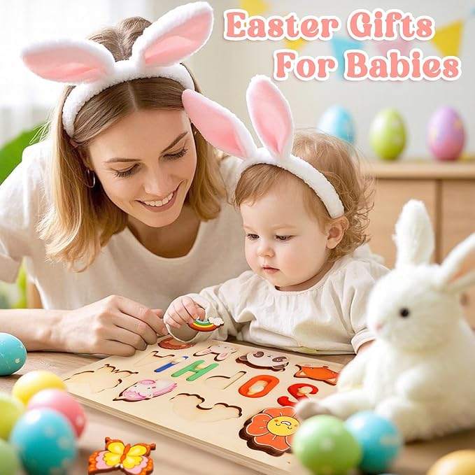 Personalized Name Puzzle for Kids, Custom Easter Basket Stuffers for Toddler Girls Boy, Early Learning Toys for Baby Boy & Girl 1 Year Old Nursery Gifts - Easter Gifts Wooden Puzzles for Toddler