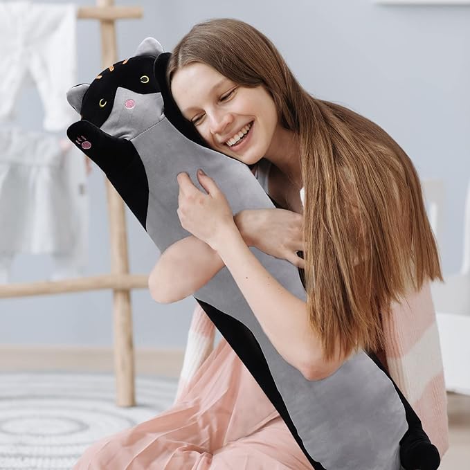shangman Lovely Plush Cat Doll Cute Cartoon Soft Stuffed Kitten Pillow Long Throw Sleeping Pillow Doll Toy Valentines Day Gift for Kids Girlfriend (Black, 110cm/43.3in)