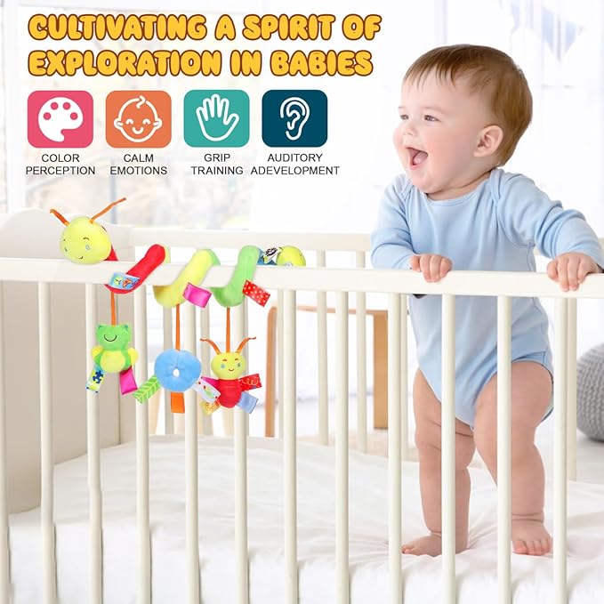 NOLITOY Spiral & Stroller Activity Toy, 0-12 Months Sensory Toys Soft Hanging Toys for Boys Girls Carseat Crib Stroller with 3 Pendants Hanging