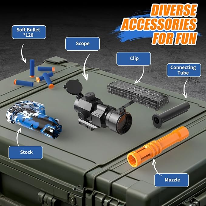 Automatic Toy Foam Blaster with Scope, Electric Toy Gun Dart Blaster with 120 Foam Darts for Guns, Goggles, Air Pocket Technology Outdoor Shooting Game Kids Toys for 8-12 Year Old Boys Girls - Blue