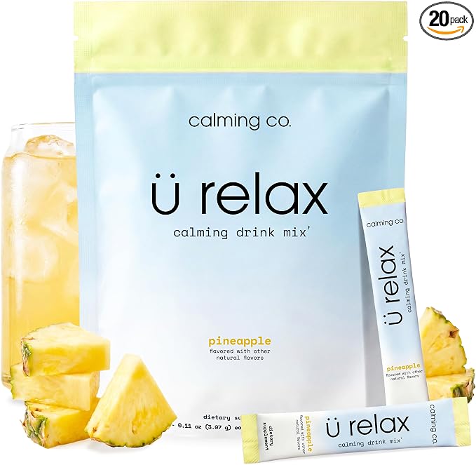 Ü Relax 2.0 Powder Drink Mix, Pineapple, Ashwagandha & L-Theanine, Adaptogens, Cortisol, Sleep Aid, Ready-to-Mix, Sugar Free, Zero Calorie, 20 Stick Packs