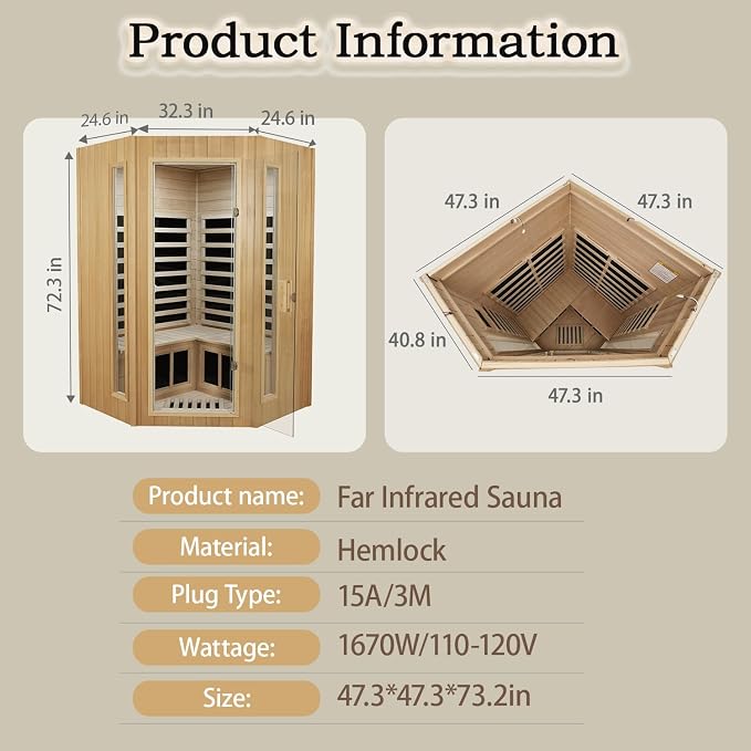 LTCCDSS 2-3 Person Infrared Sauna, Far Infrared Saunas for Home Low EMF Indoor Home Sauna Spa with Tempered Glass Door, Hemlock Wooden Corner Sauna Room,1670W/120V, Bluetooth Speaker, 2 Reading Lamps