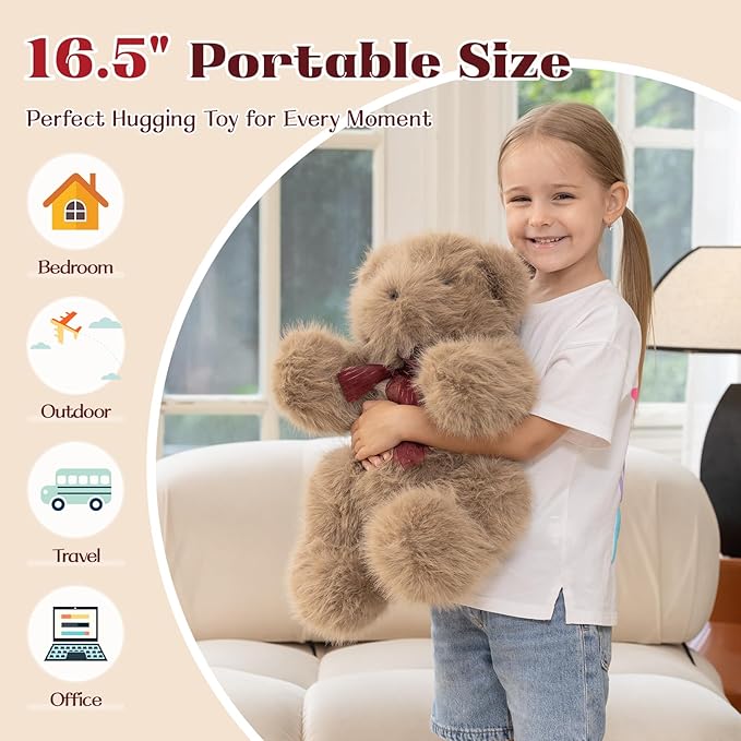MorisMos Teddy Bear Stuffed Animal,16.5'' Brown Stuffed Bear Plush Toy for Kid Girl Boy,180° Joints Posed Cuddly Toy,Soft Long Hair Plush Teddy for Baby Shower Christams Valentine’s Birthday Gift