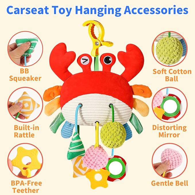 Ivrmtal Car Seat Toys for Babies, Crab Baby Toys 0-6 Months Infant Carseat Hanging Stroller Accessories Sensory Newborn Easter Gift 1 2 3 4 5 6 Month Old Boy Essentials Stuff with Clip, Rattle, Mirror