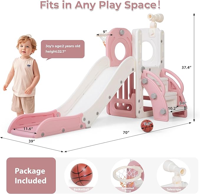 NYEEKOY Indoor Toddler Slide,6 in 1 Slides for Toddlers 1-3, Freestanding Kids Slide with Basketball Hoop, Telescope, Storage,Outdoor Playground for Backyards,Pink