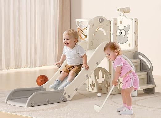 BIERUM Toddler Slide for Kids,6-in-1 Indoor Outdoor Toddler Slides Playground with Basketball Hoop, Golf Game & Telescope, L-Shaped Baby Slide Climber Playset, Cream&Gray