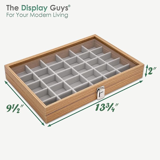 Wooden Travel Jewelry Box w. Tempered Glass Display Lid - Earrings Storage - 30-Compartments Velvet Organizer (Natural Oak) by The Display Guys