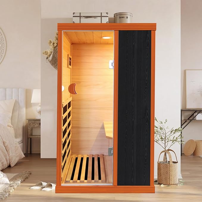 OUTEXER 1 Person Sauna Far Infrared Sauna 1200W Indoor Home Sauna Low EMF 110V with Control Panel 7 Color Light 28.7 * 35.2 * 61.4 inch