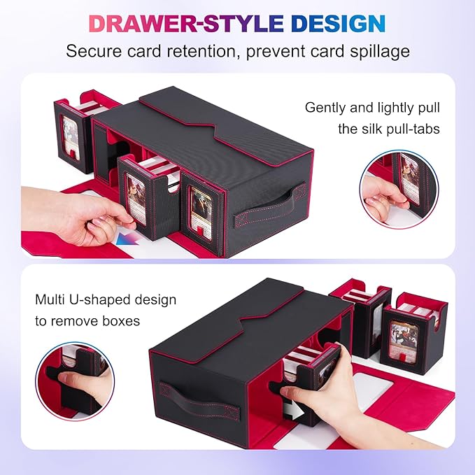 UAONO Commander Deck Box for MTG, 6-Deck Modular Card Case with Dice Tray Holds 600+ Double-sleeved Cards, Removable Trading Cards Storage Box with 35PT Magnetic Card Holders for TCG, Black Red