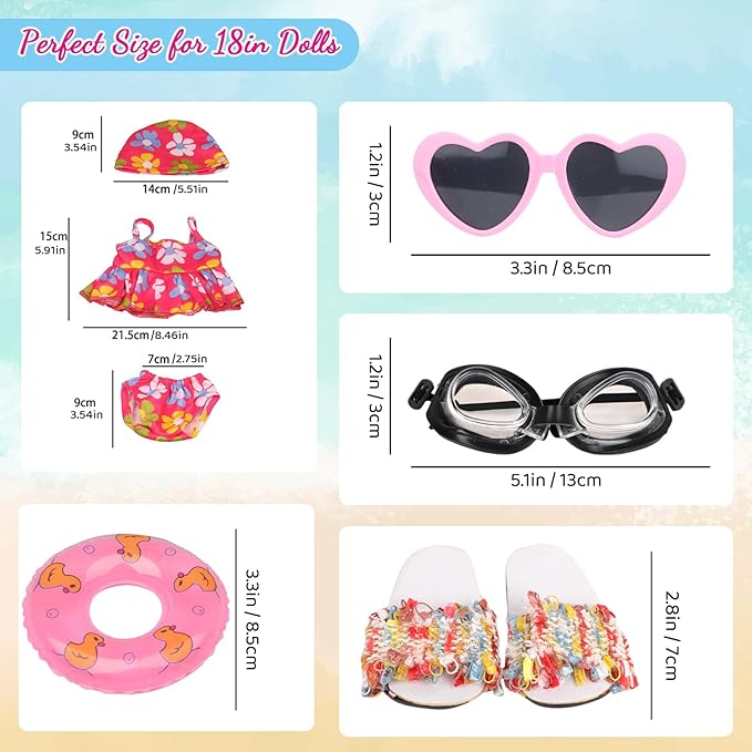 18 Inch Doll Swimsuit Playset, Dorable Doll Summer Dress Playset for 18 Girl Dolls, Includes Doll Bikini Swimsuits, Lovely Sunglasses, Goggles, Sandals and Water Inflatable Ring