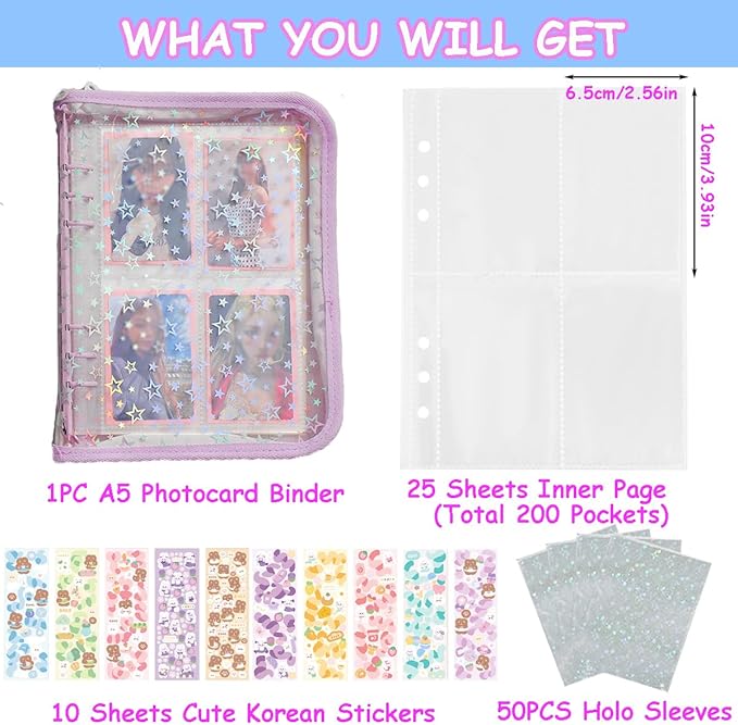 Kpop Photocard Binder with 6 Stickers Sheet & 50 Shinning Protective Sleeves Kpop Photocard Holder Book with Kpop Photocard, A5 Binder Photocard Album 30 Inner Pages with 240 Pockets (Lightpurple)