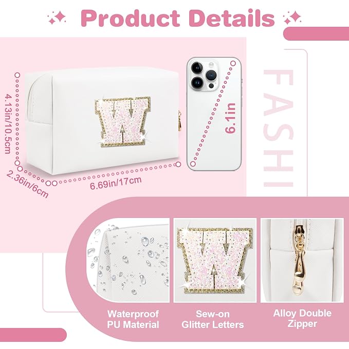 Small Initial Patch Makeup Bag Personalized Gifts Make Up Bag,White Cute PU Leather Glitter Letter Cosmetic Bag with Zipper,Trendy Portable Travel Toiletry Pouch,Preppy Stuff for Teen Girls Women W
