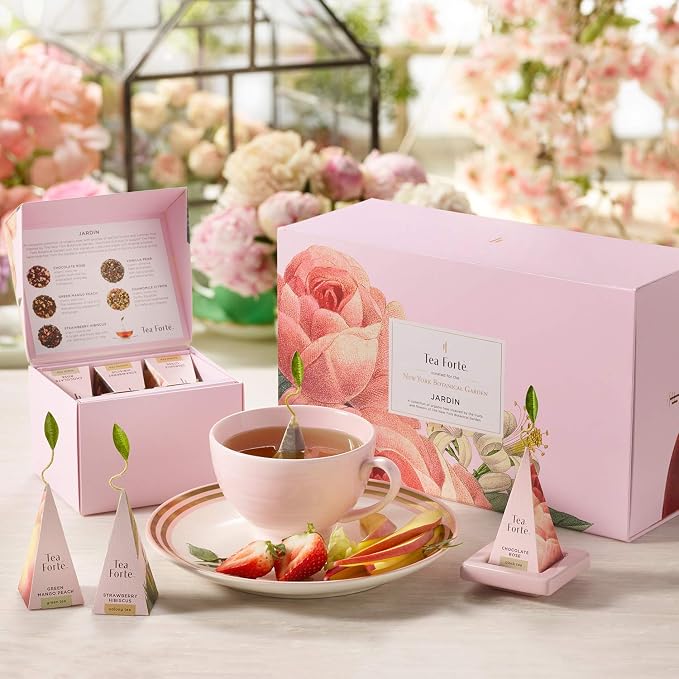 Tea Forte Gift Set with Cafe Cup, Tea Tray, Mini Presentation Box with 10 Handcrafted Pyramid Infuser Tea Bags, Jardin Tea