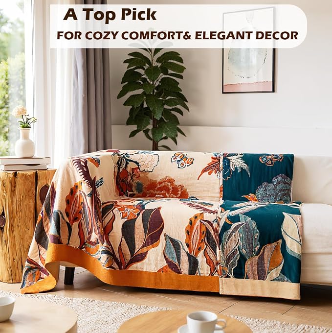 VANJOROY Boho Throw Blanket, 100% Cotton Breathable Soft Bed Throw - Floral Bird Farmhouse Decor Blanket for Sofa Couch Chair Quilt and Gift. 80" x 90"- Beige
