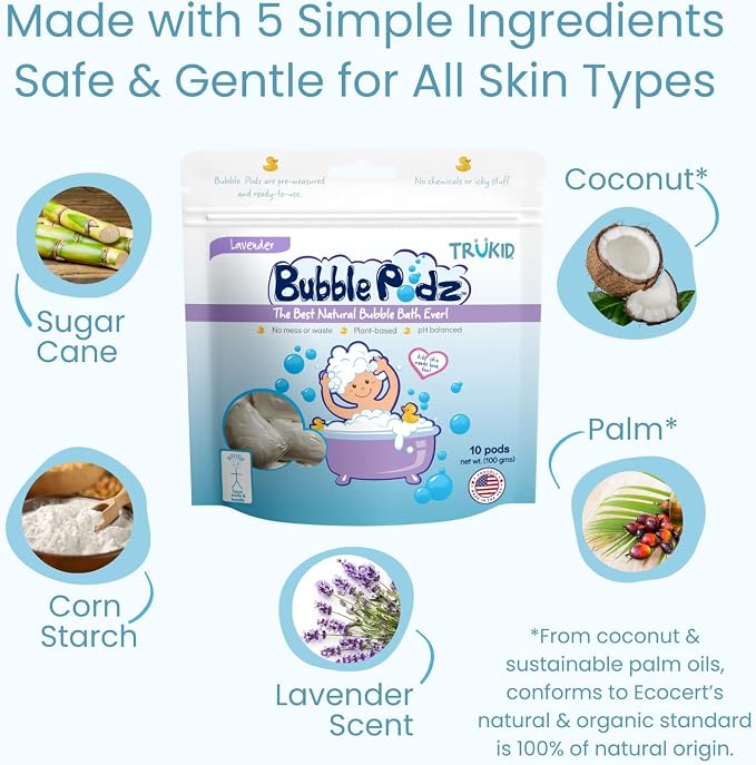 TruKid Bubble Podz Bubble Bath for Kids, Toddlers, & Babies, Tear Free Gentle & Refreshing Bath Bomb for Sensitive Skin with Natural Moisturizers, Non-Toxic, pH Balanced, Lavender Scent (10 Podz)