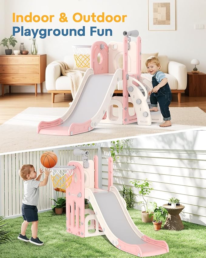 Babytronic Toddler Slide, 6 in 1 Kids Indoor Slide for Toddlers 1-3, Baby Indoor and Outdoor Climber Playset, Kids Slide with Basketball Hoop and Telescope, Toddler Outdoor Playground (Pink)