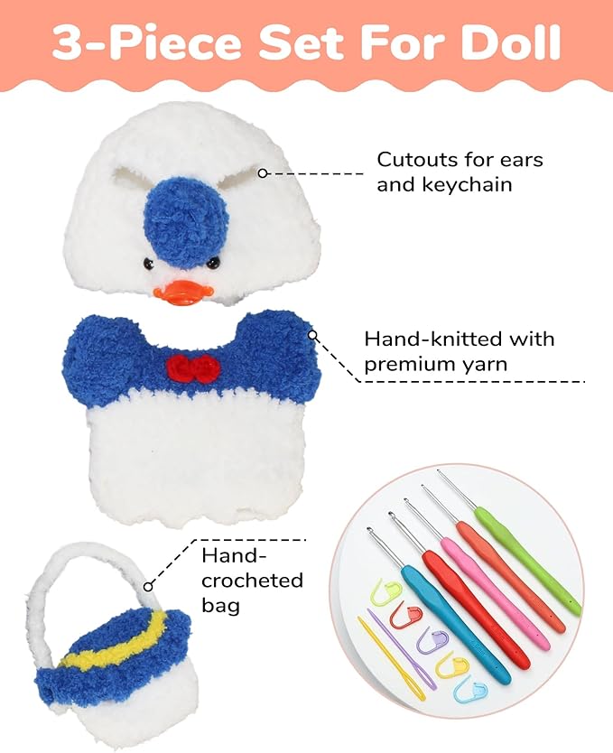 Hand-Crocheted Doll Clothes Set for 17cm Dolls - Original Cute Outfit, Handmade Crochet Accessories, Kawaii Animal Style Collectibles (Goofy Goose)