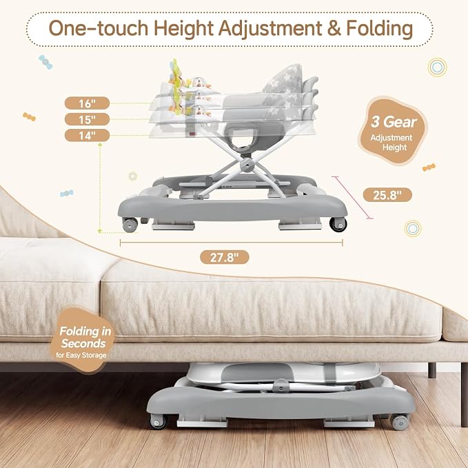 5 in 1 Baby Walker, Music and Lights Foldable Baby Walker with Wheels, 3 Adjustable Heights, with Bouncer Combo, Rocker, Activity Walker for Baby Boy and Girl 6-18 Months (Gray)