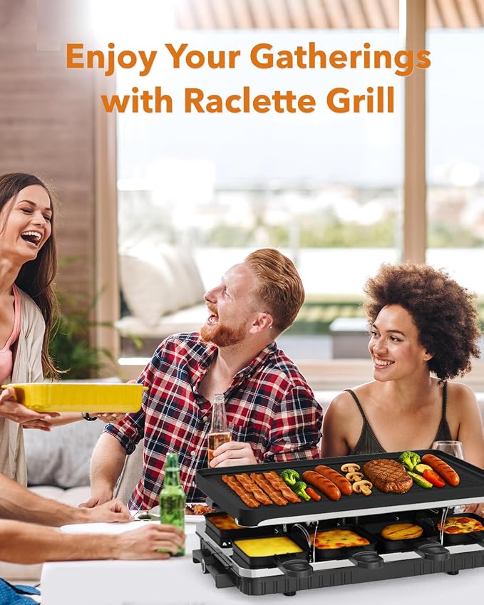 HBN Raclette Table Grill, 2-in-1 Korean BBQ Grill & Electric Griddle, 1300W | 8 Warming Trays, Reversible Nonstick Plate, Crepe Maker with Adjustable Temperature, for Indoor Family Gatherings, Parties