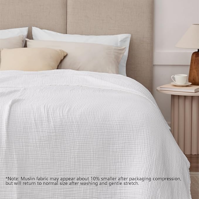 100% Cotton Muslin Blanket Large 50" x 70", 6 Layers Breathable and Lightweight Cotton Blankets for Bed and Couch, Quilt Bedspread, Gauze Throw for Adults, White