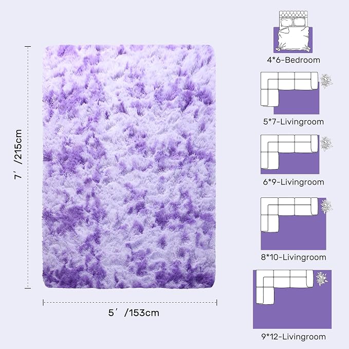 5x7 Purple White Rug Fluffy Living Room Rugs Girls, Plush Soft Fuzzy Area Carpet Non Slip for Bedroom Nursery Kids Girlie Elegant Home Decor Aesthetic