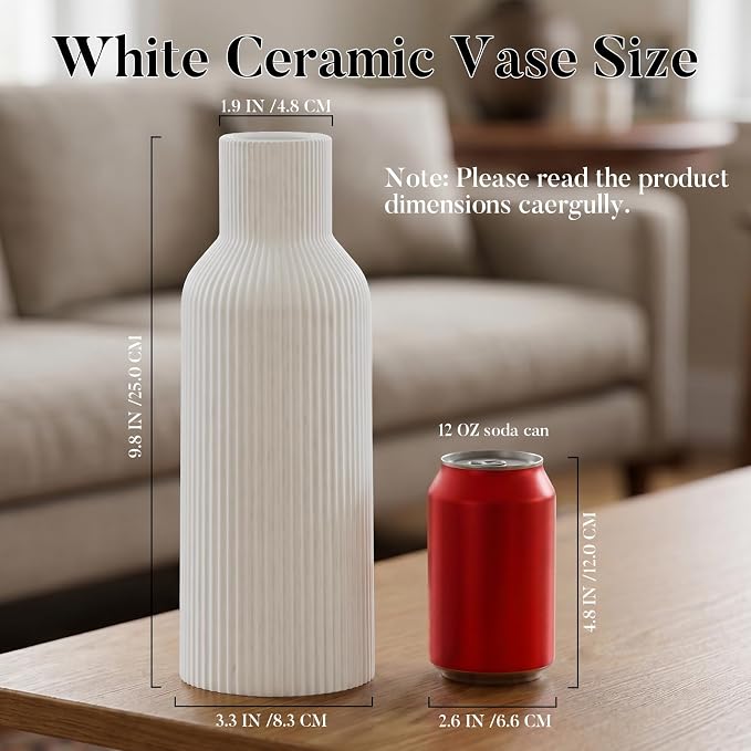 Large White Tall Ceramic Vase,Modern Matte Vertical Ribbed, Nordic Minimalist for Pampas, Dried & Fresh Flowers,Home Decor for Living Room, Coffee Table, Bookshelf, Entryway, Farmhouse