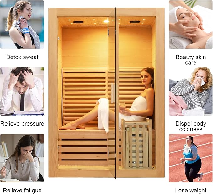 ZONEMEL Traditional Wooden Steam Sauna Room, 2 Person Canadian Hemlock Luxurious Indoor Sauna with 3.5 KW Harvia Stove Heater, Bluetooth Speaker, Sauna Stone, Wooden Bucket, Scoop, Reading Light, 220V