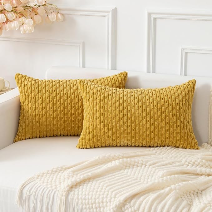 Kevin Textile Soft Corduroy 12"x20" Pillow Cover 1 Pack, Mustard Yellow | Boho Stripe Plush Corduroy Decorative Oblong Cushion Cover Modern Farmhouse Home Decor for Sofa Couch Bed Chair