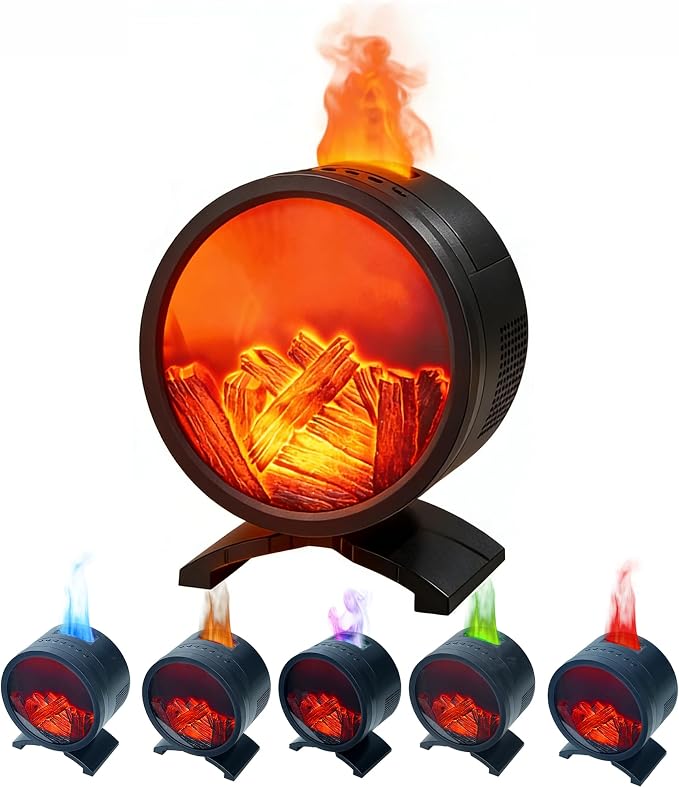 Round Fireplace Essential Oil Aromatherapy Diffuser with Speaker | 260ML Humidifier,Colorful Light,Realistic Flame Mist,Remote Control,Plug in,Timer Setting