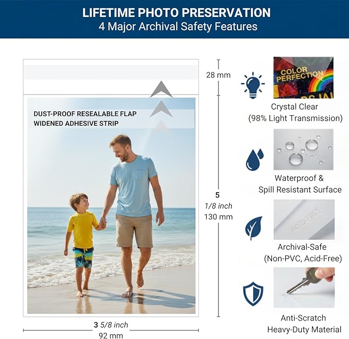 3.5x5 Archival Photo Sleeves, 2.7 Mil Extra Thick, Heavy Duty Self-Adhesive Protectors for Pictures & Postcards, Crystal Clear Dust & Bend Protection, Acid-Free Storage, 100 Count