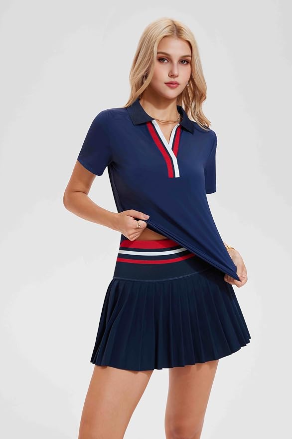 Tennis Skirt Set for Women Color Block V Neck Golf Pickleball Outfits Pleated Athletic Two Piece Skirts Sets