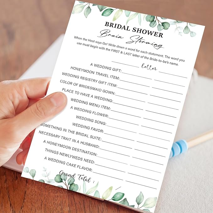 Bridal Shower Games 30 Guests for Engagement Wedding Party, Bridal Shower Brain Storming Wedding Showers Games, Game for Showers (Eucalyptus Botanical Style) -0006