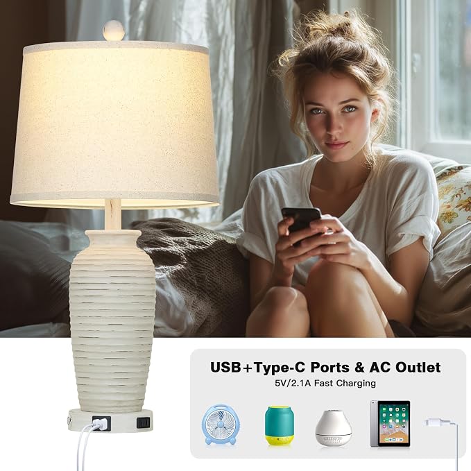 CINSARY 25" Retro White Farmhouse Jar Table Lamps Set of 2, 3 Way Touch Control Rustic Bedside Lamps with USB A+C Ports & AC Outlet, Pot Nightstand Lamps for Bedroom Living Room (LED Bulbs Included)